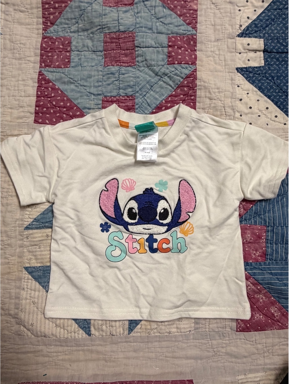 Disney Baby Stitch Graphic Crop Top Tee Off White Embroidered
